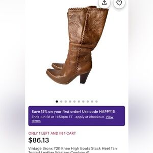 Vintage Bronx Y2K Knee High Boots Stack Heel Tan Tooled Leather Western Cowboy